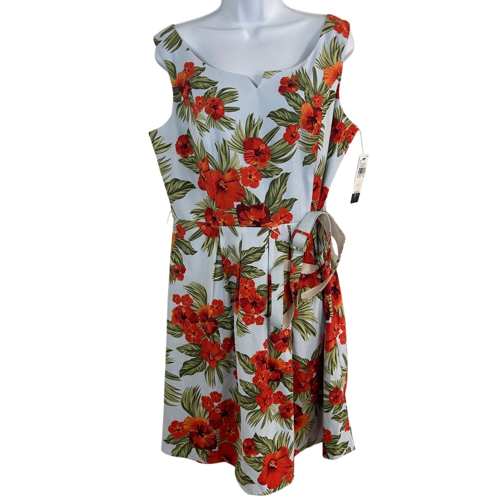 NWT AGB Dress Women's 14 Blue Orange Hibiscus Floral Tropical KY Derby Belted